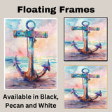 Watercolor Painting of a Multicolored Anchor on the Shore with Ocean Reflections and a Warm Sunset Coastal Sky on Ready to Hang 1.5" Thick Canvas Wrap, Floating Framed Canvas, Flat Rolled Canvas
