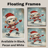 Whimsical Christmas Monkey Ice Skating in Festive Red Outfit and Santa Hat – Cheerful Holiday Animal Art for Winter Nursery Decor, Gifting, and Seasonal Joy on Ready to Hang 1.5" Thick Canvas Wrap, Floating Framed Canvas, Flat Rolled Canvas