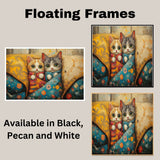 Painting of Two Cute Kittens Wrapped in Colorful Quilts Wearing Pajamas with Big Eyes Sitting on a Cozy Couch Surrounded by Pillows in a Warm Whimsical Setting on Ready to Hang 1.5" Thick Canvas Wrap, Floating Framed Canvas, Flat Rolled Canvas
