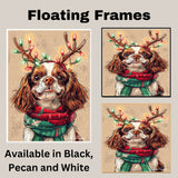 "Flurries of Joy" - Cavalier King Charles Dog with Lighted Antlers & Holiday Scarf in Snowfall, Ready to Hang 1.5" Thick Canvas Wrap, Floating Framed Canvas, Flat Rolled Canvas