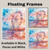 Watercolor Painting of a Ferris Wheel on a Pier with Colorful Reflections and Vibrant Skies at Sunset on Ready to Hang 1.5" Thick Canvas Wrap, Floating Framed Canvas, Flat Rolled Canvas