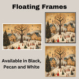 Whimsical Christmas Folk Art Scene with Decorated Tree, Snowy Village, Carolers, and Festive Holiday Celebrations on Ready to Hang 1.5" Thick Canvas Wrap, Floating Framed Canvas, Flat Rolled Canvas