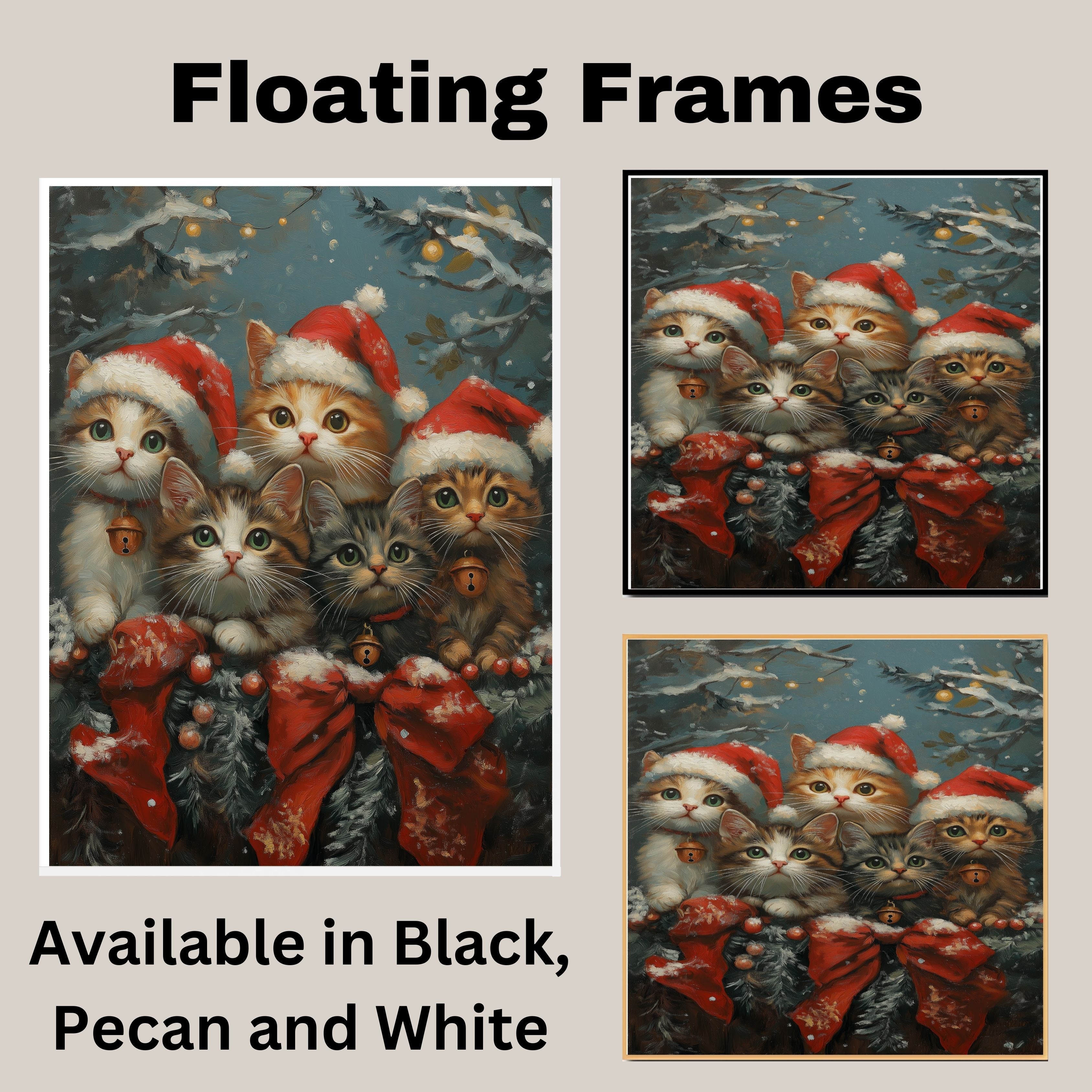 Vintage Style Painting of Five Christmas Kittens in Santa Hats with Bells and Red Bows Perfect for Holiday Decor or a Cute Seasonal Gift for Cat Lovers on Ready to Hang 1.5" Thick Canvas Wrap, Floating Framed Canvas, Flat Rolled Canvas