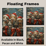 Vintage Style Painting of Five Christmas Kittens in Santa Hats with Bells and Red Bows Perfect for Holiday Decor or a Cute Seasonal Gift for Cat Lovers on Ready to Hang 1.5" Thick Canvas Wrap, Floating Framed Canvas, Flat Rolled Canvas