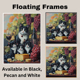 Vineyard Feast: Tuxedo Mom and Three Kittens with Wine, Grapes, and Cheese on Ready to Hang 1.5" Thick Canvas Wrap, Floating Framed Canvas, Flat Rolled Canvas