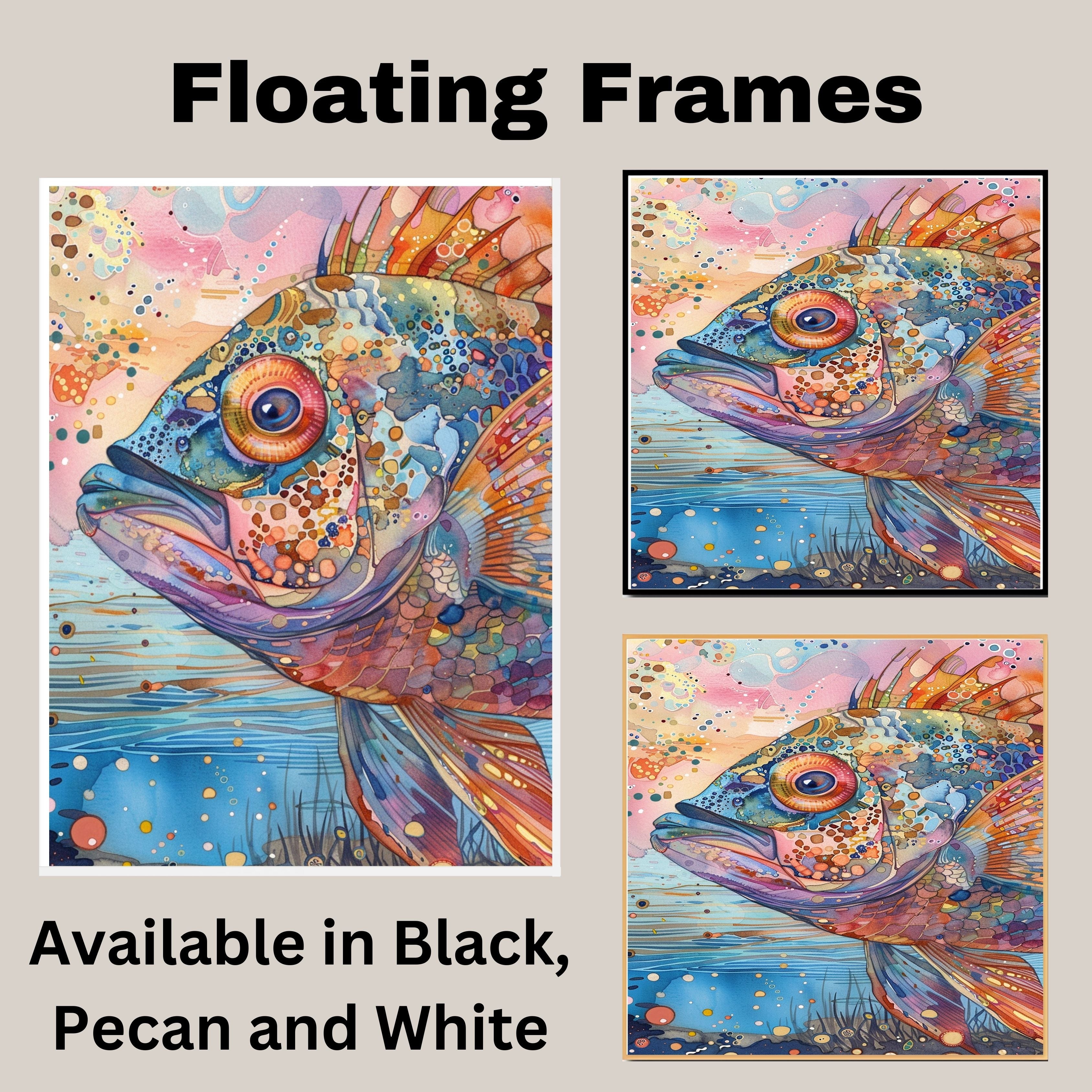 Abstract Watercolor Fish Close-Up in Multicolor Pattern with Ocean Background for Aquatic Wall Art Lovers on Ready to Hang 1.5" Thick Canvas Wrap, Floating Framed Canvas, Flat Rolled Canvas