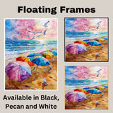 Watercolor Painting of Multicolored Beach Umbrellas with Seagulls at Sunset on Ready to Hang 1.5" Thick Canvas Wrap, Floating Framed Canvas, Flat Rolled Canvas