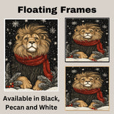 "Snow King Lion" - Lion in Red Scarf Posing in Winter Snow on Ready to Hang 1.5" Thick Canvas Wrap, Floating Framed Canvas, Flat Rolled Canvas