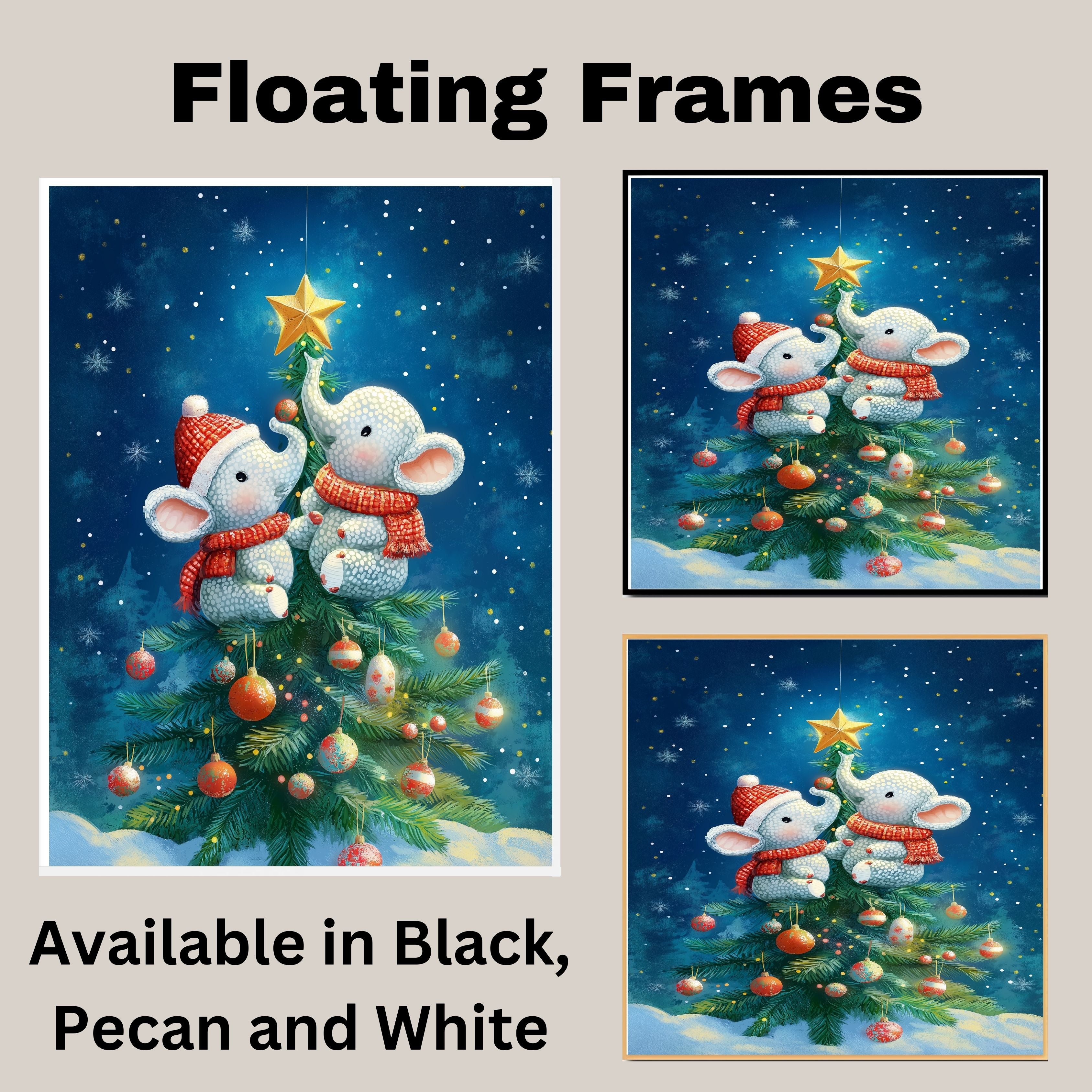 Baby Elephants Decorating Christmas Tree with Star and Ornaments in Winter Wonderland Scene Holiday Art Print for Nursery or Festive Seasonal Decor on Ready to Hang 1.5" Thick Canvas Wrap, Floating Framed Canvas, Flat Rolled Canvas