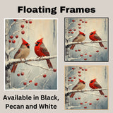 Elegant Retro Painting of Two Red Cardinals on a Snowy Branch with Winter Berries Perfect for Christmas Decor or Seasonal Nature Inspired Gift on Ready to Hang 1.5" Thick Canvas Wrap, Floating Framed Canvas, Flat Rolled Canvas