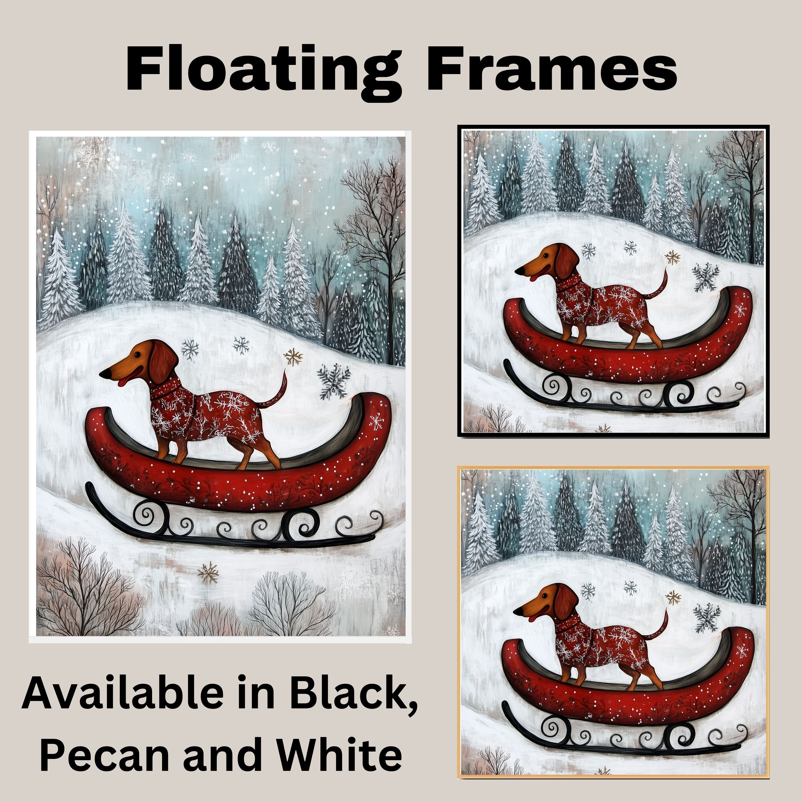 Festive Dachshund in Red Sleigh Winter Wonderland Art Whimsical Christmas Dog Illustration in Snowy Forest Scene for Holiday Pet Lovers and Seasonal Décor on Ready to Hang 1.5" Thick Canvas Wrap, Floating Framed Canvas, Flat Rolled Canvas