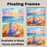 Watercolor Painting of Colorful Beach Umbrella and Ball on Sandy Shore with Ocean Sunset and Vibrant Sky Reflections on Ready to Hang 1.5" Thick Canvas Wrap, Floating Framed Canvas, Flat Rolled Canvas