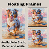 Watercolor Painting of a Happy Fluffy Dog Running on the Beach with Ocean Waves and Vibrant Pink Blue Sunset Sky on Ready to Hang 1.5" Thick Canvas Wrap, Floating Framed Canvas, Flat Rolled Canvas