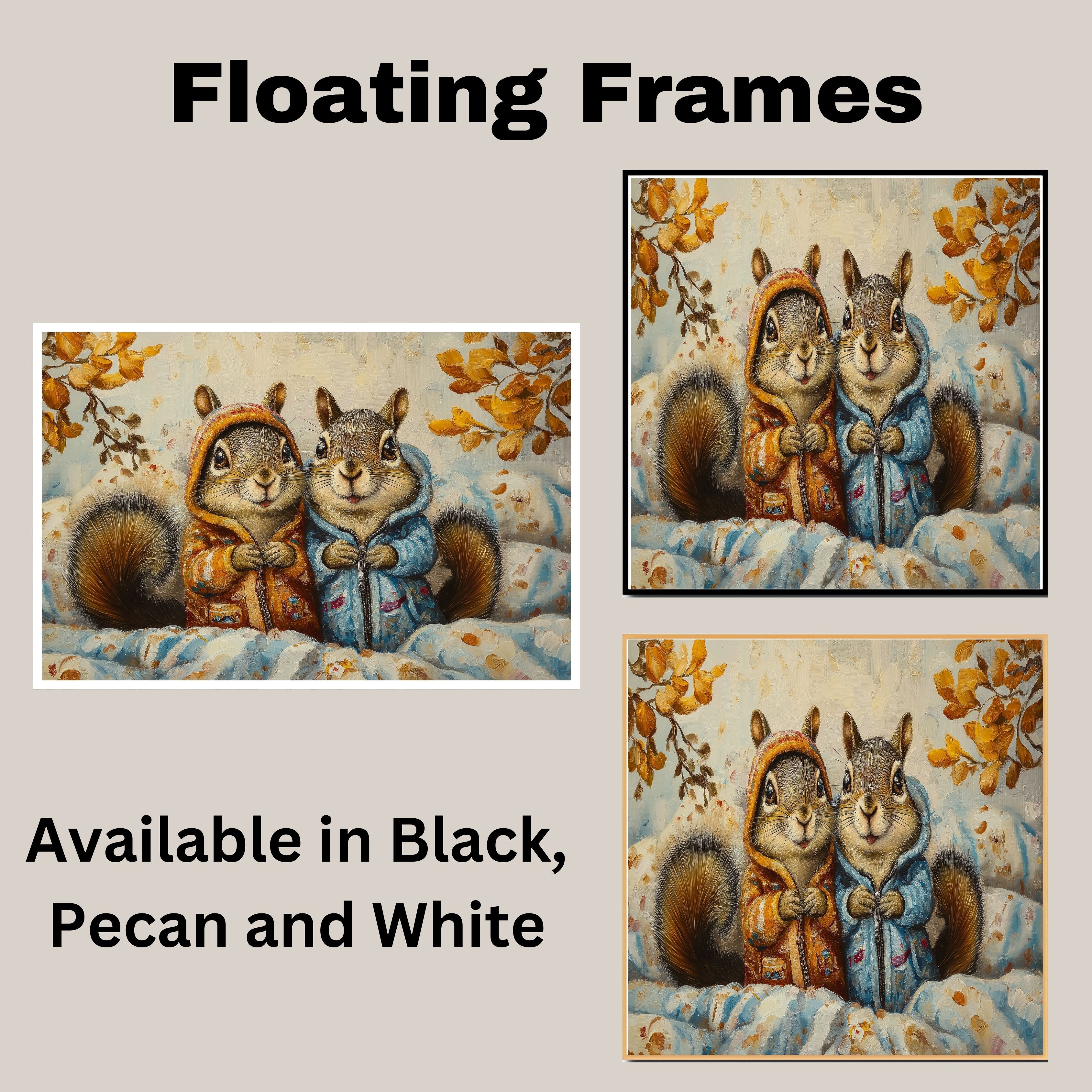 Charming Painting of Two Squirrels in Colorful Hoodies Sitting in a Cozy Autumn Setting Surrounded by Blankets and Golden Leaves with Whimsical Expressions on Ready to Hang 1.5" Thick Canvas Wrap, Floating Framed Canvas, Flat Rolled Canvas