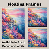 Watercolor Painting of Vibrant Coral Reef with Colorful Underwater Plants and Ocean Sunset in Pink Blue and Golden Tones on Ready to Hang 1.5" Thick Canvas Wrap, Floating Framed Canvas, Flat Rolled Canvas