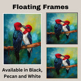 Two Red Headed Birds on Branch with Deep Blue Feathers and Bright Green Background in a Romantic Wildlife Painting Filled with Nature’s Vibrant Beauty on Ready to Hang 1.5" Thick Canvas Wrap, Floating Framed Canvas, Flat Rolled Canvas