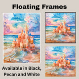 Watercolor Painting of a Multicolored Sandcastle by the Ocean Shore at Sunset with Whimsical Turrets and Waves on Ready to Hang 1.5" Thick Canvas Wrap, Floating Framed Canvas, Flat Rolled Canvas
