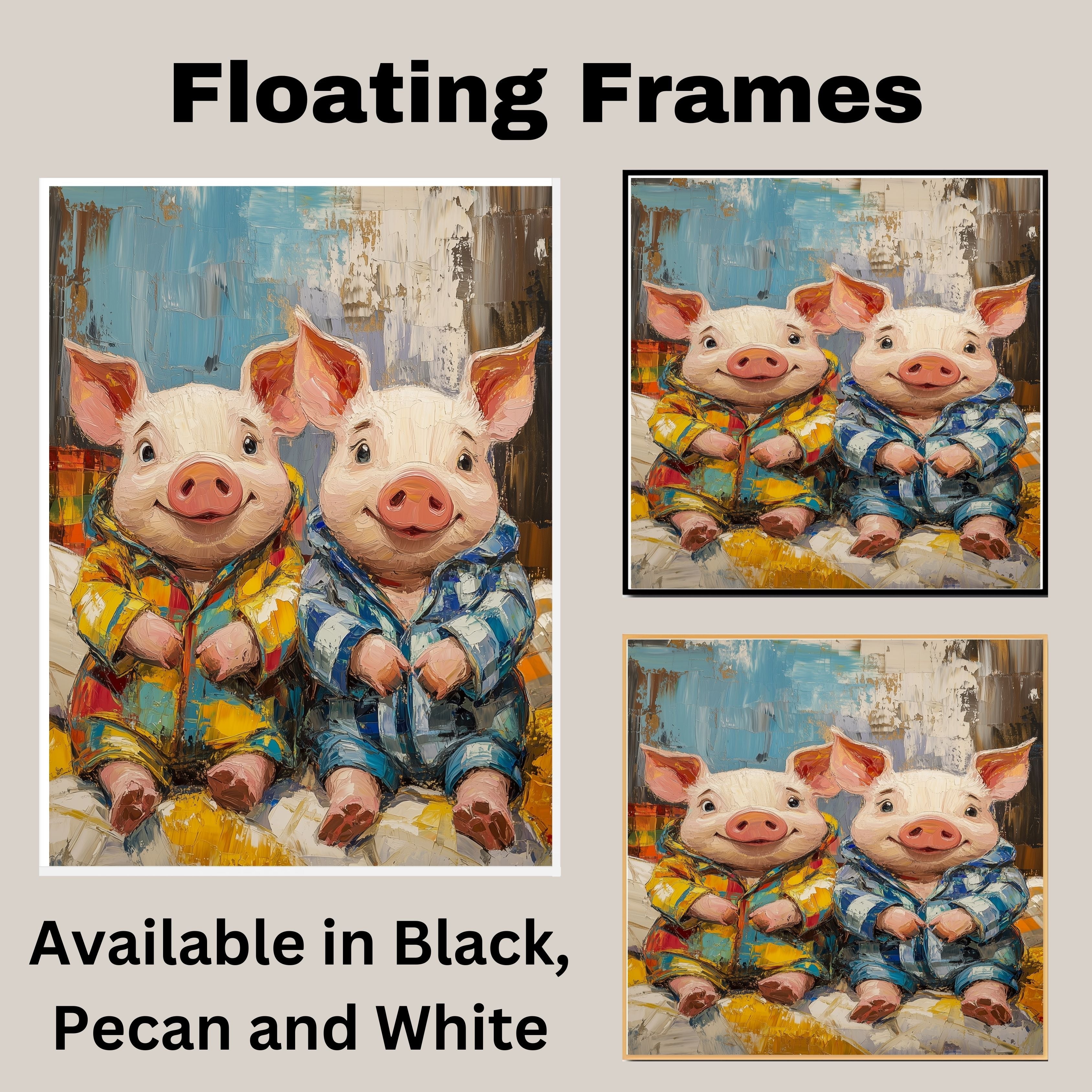 Playful Painting of Two Cute Piglets in Colorful Pajamas Sitting Side by Side with Happy Expressions in a Bold Textured Style on Ready to Hang 1.5" Thick Canvas Wrap, Floating Framed Canvas, Flat Rolled Canvas