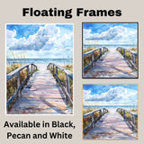 Sunny Coastal Boardwalk Watercolor Painting – Path to the Beach with Ocean Horizon and Sea Grass Accents on Ready to Hang 1.5" Thick Canvas Wrap, Floating Framed Canvas, Flat Rolled Canvas