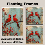 Rustic Retro Painting of Two Cardinals on a Branch with Red Winter Berries and Distressed Blue Background Perfect for Holiday Decor or Bird Lover Gift on Ready to Hang 1.5" Thick Canvas Wrap, Floating Framed Canvas, Flat Rolled Canvas
