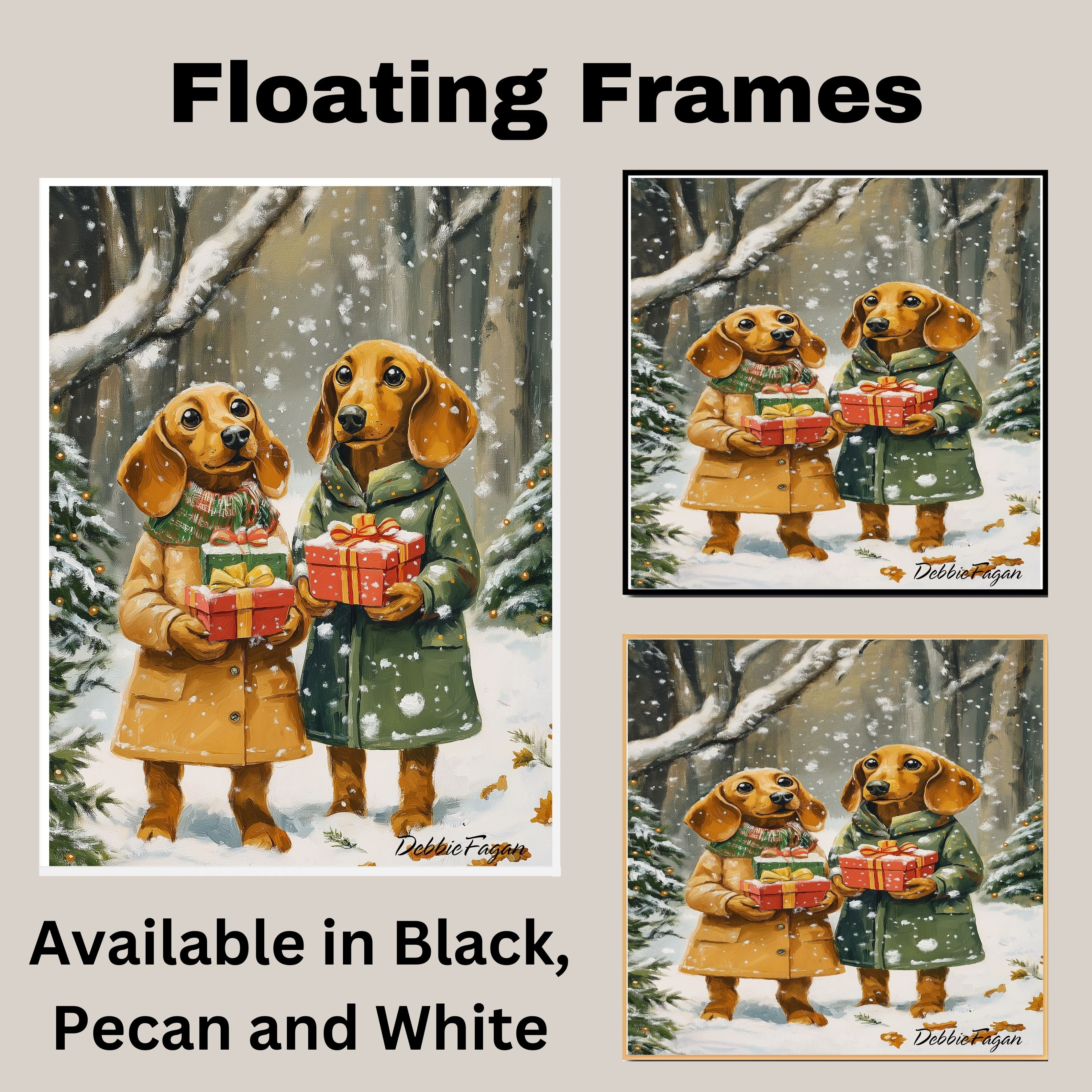 "Gift of Joy" - Dachshund Dogs in Cozy Winter Coats Holding Gifts in Snowy Forest, Ready to Hang 1.5" Thick Canvas Wrap, Floating Framed Canvas, Flat Rolled Canvas