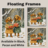 "Gift of Joy" - Dachshund Dogs in Cozy Winter Coats Holding Gifts in Snowy Forest, Ready to Hang 1.5" Thick Canvas Wrap, Floating Framed Canvas, Flat Rolled Canvas