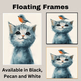 Sweet Cat with Gentle Bird on Head Whimsical Animal Illustration for Kids Room Nursery and Animal Lovers Perfect Gift for Cat and Bird Enthusiast on Ready to Hang 1.5" Thick Canvas Wrap, Floating Framed Canvas, Flat Rolled Canvas