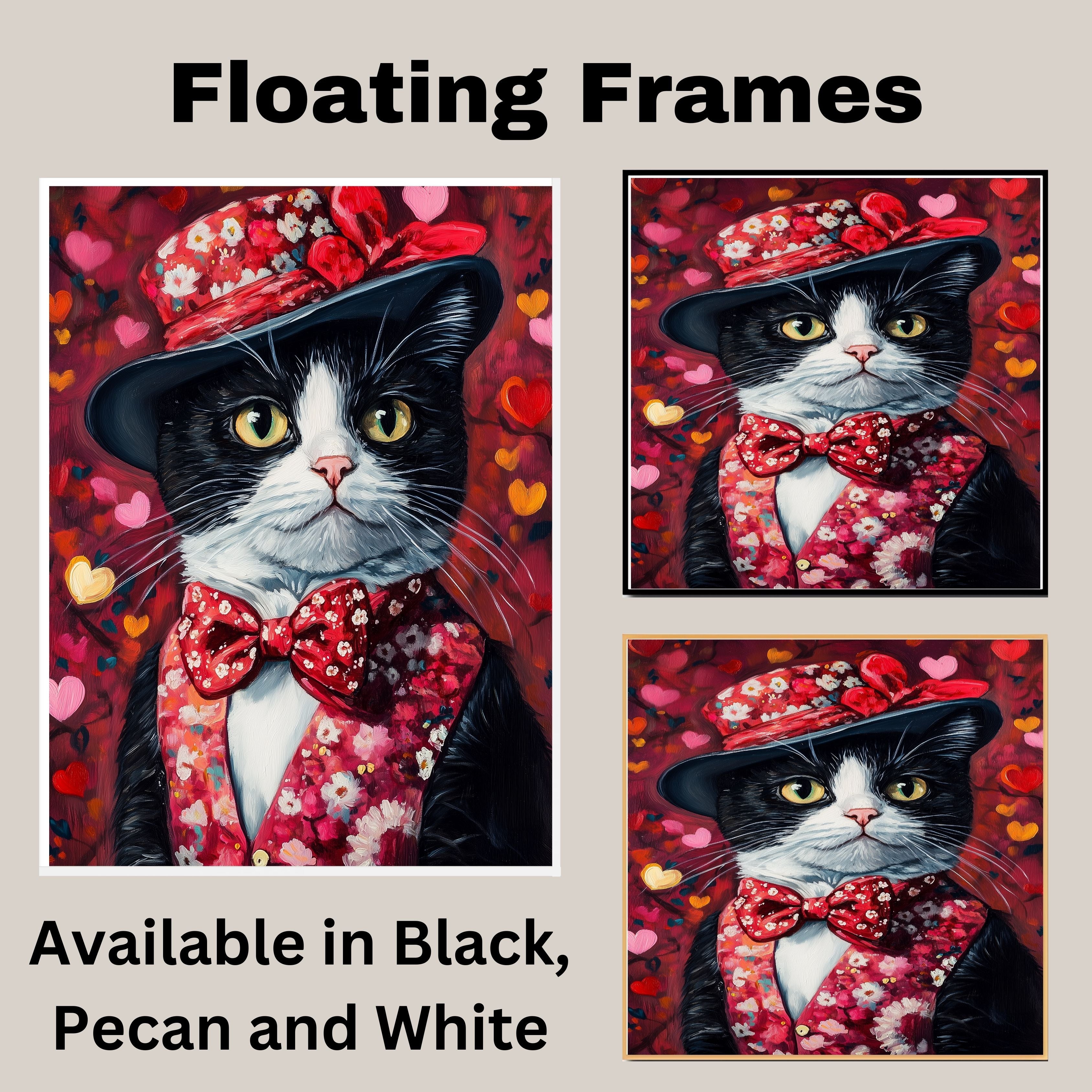 Love & Grace: Tuxedo Cat in a Heart-Adorned Floral Hat and Suit - Sophisticated Valentine's Painting on Ready to Hang 1.5" Thick Canvas Wrap, Floating Framed Canvas, Flat Rolled Canvas