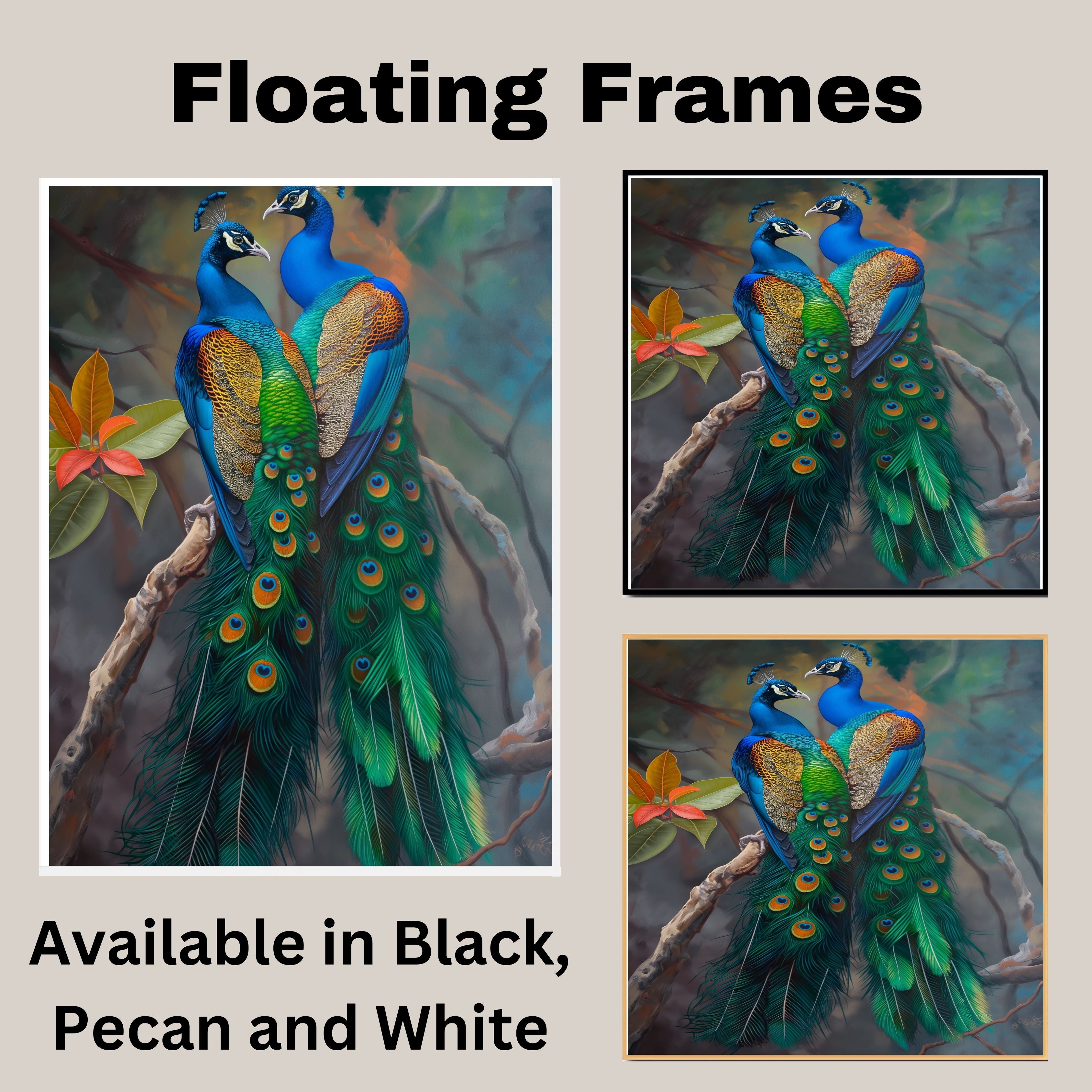 Elegant Peacock Pair Artwork Featuring Lush Green and Blue Feathers with Golden Accents Perched Gracefully Against a Soft Misty Forest Background on Ready to Hang 1.5" Thick Canvas Wrap, Floating Framed Canvas, Flat Rolled Canvas