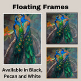 Elegant Peacock Pair Artwork Featuring Lush Green and Blue Feathers with Golden Accents Perched Gracefully Against a Soft Misty Forest Background on Ready to Hang 1.5" Thick Canvas Wrap, Floating Framed Canvas, Flat Rolled Canvas