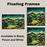 Whimsical Christmas Village on Rolling Hills Under Starry Sky – Folk Art Landscape Painting on Ready to Hang 1.5" Thick Canvas Wrap, Floating Framed Canvas, Flat Rolled Canvas