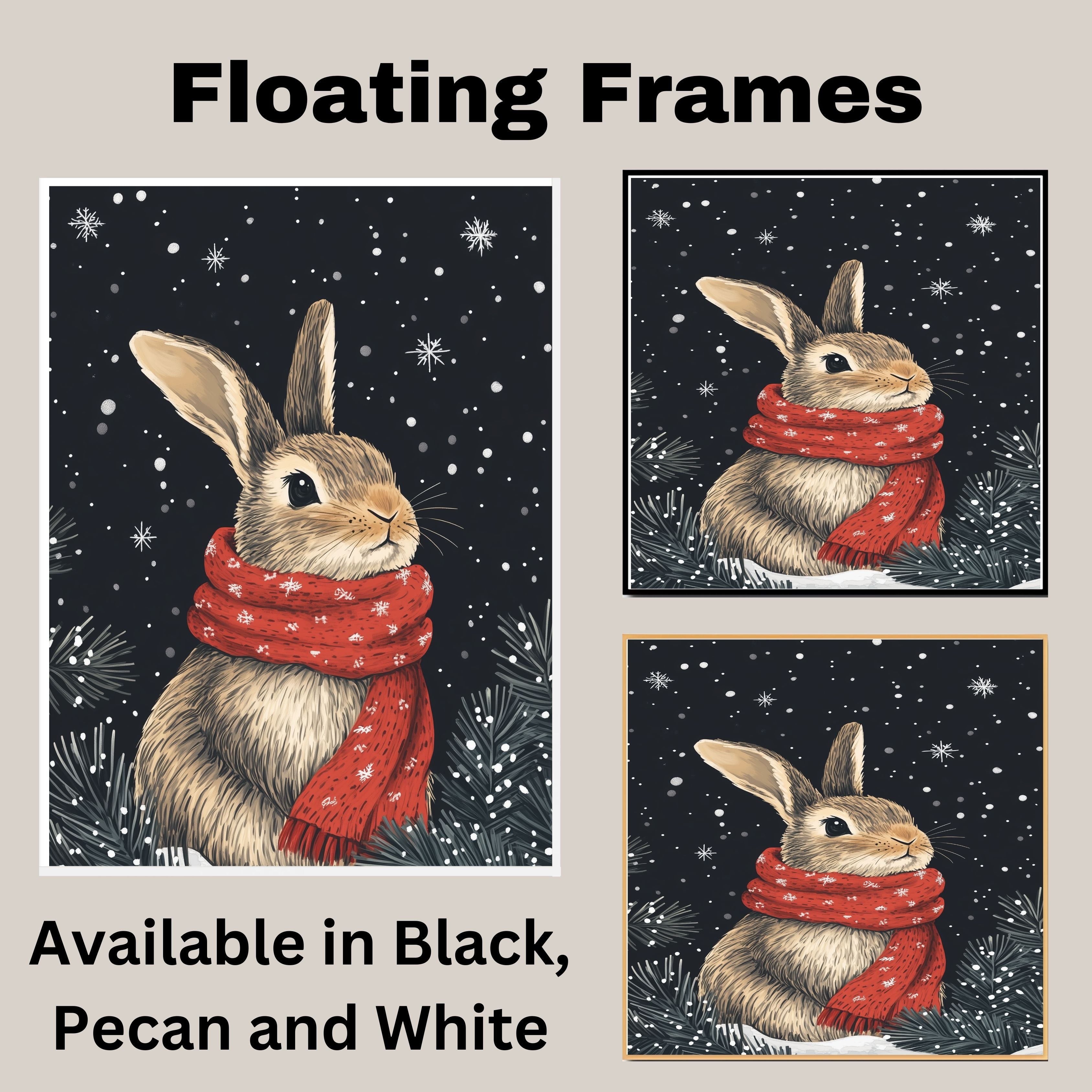 "Winter Wonderland Bunny" - Bunny in Red Scarf Sitting in Snow on Ready to Hang 1.5" Thick Canvas Wrap, Floating Framed Canvas, Flat Rolled Canvas