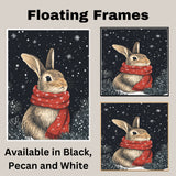 "Winter Wonderland Bunny" - Bunny in Red Scarf Sitting in Snow on Ready to Hang 1.5" Thick Canvas Wrap, Floating Framed Canvas, Flat Rolled Canvas