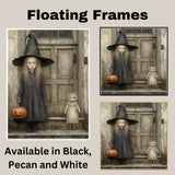 Hauntingly Sweet Halloween Scene with Little Witch Girl and Dressed-Up Cat Holding Pumpkin, Moody Autumn Atmosphere in Vintage-Style Front Porch Setting on Ready to Hang 1.5" Thick Canvas Wrap, Floating Framed Canvas, Flat Rolled Canvas