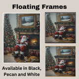 Santa Claus Sitting in a Rocking Chair Beside Fireplace and Christmas Tree with Gifts and Orange Cat in a Warm Holiday Living Room with Garland and Framed Snowy Art on Ready to Hang 1.5" Thick Canvas Wrap, Floating Framed Canvas, Flat Rolled Canvas