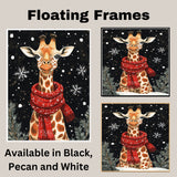 "Snowy Grace Giraffe" - Giraffe in Red Scarf Standing in Snow on Ready to Hang 1.5" Thick Canvas Wrap, Floating Framed Canvas, Flat Rolled Canvas