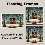 Whimsical Christmas Folk Art of Red House, Decorated Trees, Snowflakes, and Birds in a Peaceful Winter Wonderland on Ready to Hang 1.5" Thick Canvas Wrap, Floating Framed Canvas, Flat Rolled Canvas