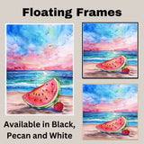 Watercolor Painting of a Watermelon Slice and Strawberry on a Beach at Sunset on Ready to Hang 1.5" Thick Canvas Wrap, Floating Framed Canvas, Flat Rolled Canvas