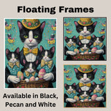 Springtime Celebration: Black and White Cat Mom Carrying Three Kittens in an Egg-Filled Basket on Ready to Hang 1.5" Thick Canvas Wrap, Floating Framed Canvas, Flat Rolled Canvas