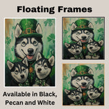 Festive Charm: Siberian Husky with Puppies in St. Patrick's Day Attire on Ready to Hang 1.5" Thick Canvas Wrap, Floating Framed Canvas, Flat Rolled Canvas