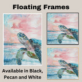 Watercolor Sea Turtle Swimming in Ocean with Pastel Sky and Gentle Waves in Coastal Marine Life Art Print on Ready to Hang 1.5" Thick Canvas Wrap, Floating Framed Canvas, Flat Rolled Canvas