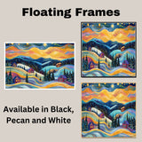 Colorful Christmas Folk Art Landscape with Rolling Snowy Hills, Cozy Cabins, Pine Trees, and a Glowing Sunset Sky on Ready to Hang 1.5" Thick Canvas Wrap, Floating Framed Canvas, Flat Rolled Canvas