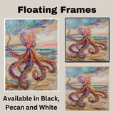 Watercolor Painting of a Vibrant Multicolored Octopus on Sandy Beach with Ocean Waves and Colorful Sunset Sky Background on Ready to Hang 1.5" Thick Canvas Wrap, Floating Framed Canvas, Flat Rolled Canvas