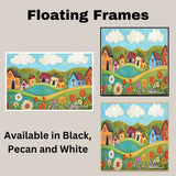 Whimsical Folk Art Canvas – Bright Colorful Houses and Wildflowers on Rolling Hills with Blue Skies on Ready to Hang 1.5" Thick Canvas Wrap, Floating Framed Canvas, Flat Rolled Canvas