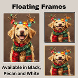 Bernedoodle Holiday Cheer - 'Rustic Antlers' - Bernedoodle Dog with Christmas Lights & Festive Scarf on Rustic Canvas, Ready to Hang 1.5" Thick Canvas Wrap, Floating Framed Canvas, Flat Rolled Canvas