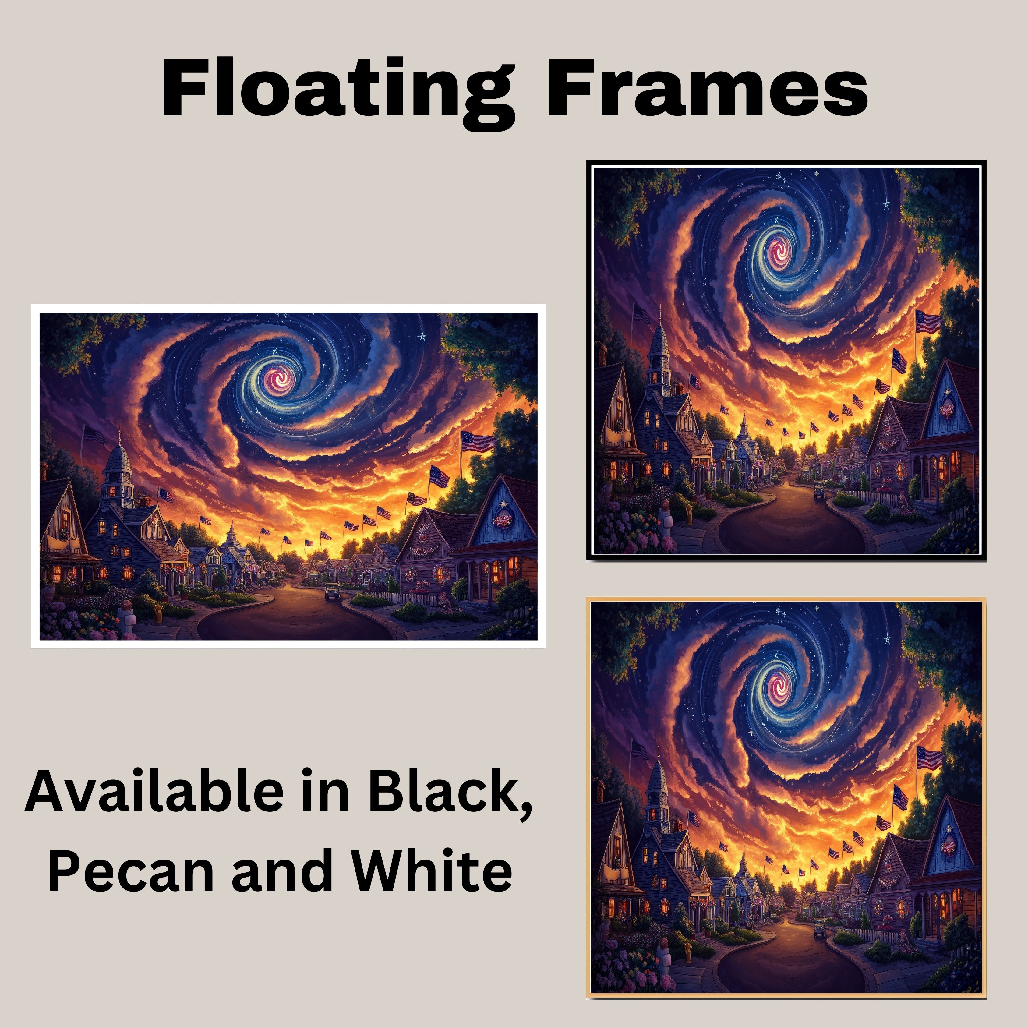 Magical 4th of July Village at Sunset with American Flags and Swirling Galaxy Sky, Glowing Homes and Patriotic Charm in a Dreamy Celebration of Freedom on Ready to Hang 1.5" Thick Canvas Wrap, Floating Framed Canvas, Flat Rolled Canvas