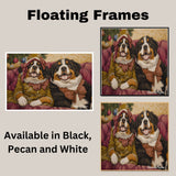 Christmas Canvas  - ÒBernese EleganceÓ - Sophisticated Bernese Mountain Dogs Lounging on a Vintage Red Ornate Sofa on Ready to Hang 1.5" Thick Canvas Wrap, Floating Framed Canvas, Flat Rolled Canvas