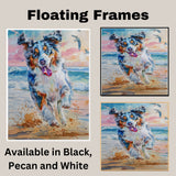 Energetic Watercolor Dog Running on Beach with Splashing Sand and Ocean Waves in Vibrant Coastal Pet Art on Ready to Hang 1.5" Thick Canvas Wrap, Floating Framed Canvas, Flat Rolled Canvas