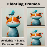 Whimsical Orange and White Cat with Blue Bird on Head Illustration for Kids Room or Nursery Art Print Cute Animal Artwork with Playful and Joyful Design on Ready to Hang 1.5" Thick Canvas Wrap, Floating Framed Canvas, Flat Rolled Canvas