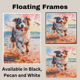 Watercolor Art of a Joyful Fluffy Dog Running on the Beach with Colorful Ocean Waves and Radiant Sky at Sunrise on Ready to Hang 1.5" Thick Canvas Wrap, Floating Framed Canvas, Flat Rolled Canvas